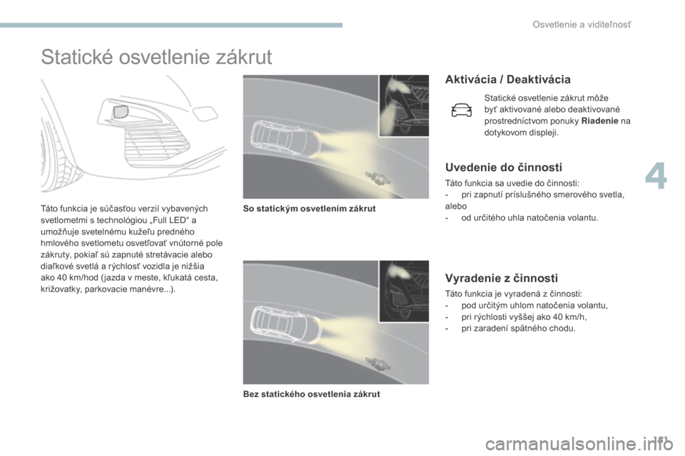 Peugeot 3008 Hybrid 4 2017 Užívateľská príručka (in Slovak) 151
3008-2_sk_Chap04_eclairage-et-visibilite_ed01-2016
Statické osvetlenie zákrut
Táto funkcia je súčasťou verzií vybavených
svetlometmi s technológiou „Full LED“ a
umožňuje svetelné Peugeot 3008 Hybrid 4 2017 Užívateľská príručka (in Slovak) 151
3008-2_sk_Chap04_eclairage-et-visibilite_ed01-2016
Statické osvetlenie zákrut
Táto funkcia je súčasťou verzií vybavených
svetlometmi s technológiou „Full LED“ a
umožňuje svetelné
