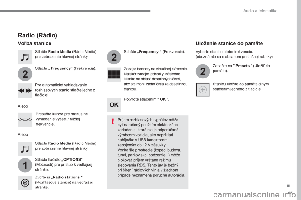 Peugeot 3008 Hybrid 4 2017  Užívateľská príručka (in Slovak) 63
.
1
2
2
2
  Audio a telematika 
 
 
Stlačte  Radio Media 
 (Rádio Médiá) 
pre zobrazenie hlavnej stránky.  
   
Stlačte tlačidlo  „OPTIONS“ 
 
(Možnosti) pre prístup k vedľajšej 
str