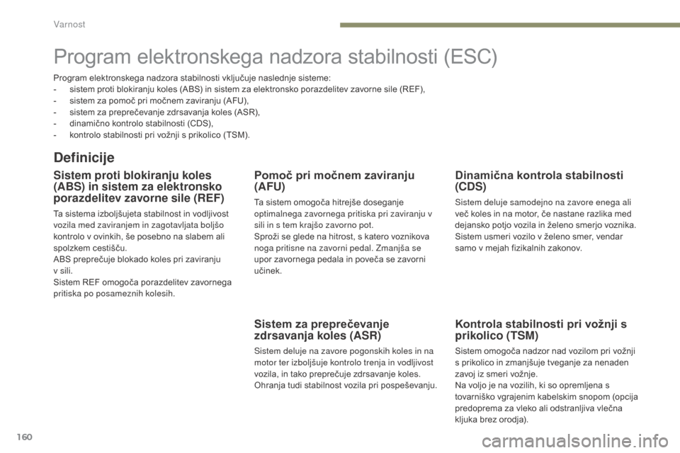 Peugeot 3008 Hybrid 4 2017 Priročnik za lastnika (in Slovenian) 160
3008-2_sl_Chap05_securite_ed01-2016
Program elektronskega nadzora stabilnosti (ESC)
Definicije
Sistem proti blokiranju koles
(ABS) in sistem za elektronsko
porazdelitev zavorne sile (REF)
Ta sis Peugeot 3008 Hybrid 4 2017 Priročnik za lastnika (in Slovenian) 160
3008-2_sl_Chap05_securite_ed01-2016
Program elektronskega nadzora stabilnosti (ESC)
Definicije
Sistem proti blokiranju koles
(ABS) in sistem za elektronsko
porazdelitev zavorne sile (REF)
Ta sis
