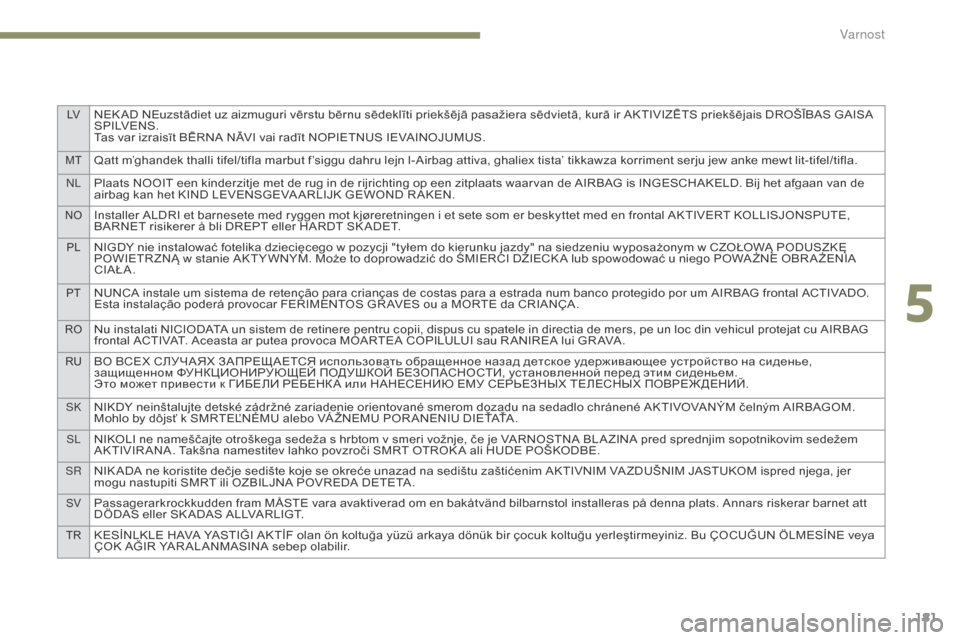 Peugeot 3008 Hybrid 4 2017  Priročnik za lastnika (in Slovenian) LVNEK AD NEuzstādiet uz aizmuguri vērstu bērnu sēdeklīti priekšējā pasažiera sēdvietā, kurā ir AKTIVIZĒTS priekšējais DROŠĪBAS GAISA 
S P I LV E N S .
Tas var izraisīt BĒRNA NĀVI v