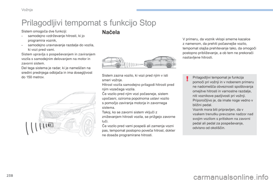 Peugeot 3008 Hybrid 4 2017 Priročnik za lastnika (in Slovenian) 238
3008-2_sl_Chap06_conduite_ed01-2016
Prilagodljivi tempomat s funkcijo Stop
Prilagodljivi tempomat je funkcija
pomoči pri vožnji in v nobenem primeru
ne nadomešča obveznosti spoštovanja
ome Peugeot 3008 Hybrid 4 2017 Priročnik za lastnika (in Slovenian) 238
3008-2_sl_Chap06_conduite_ed01-2016
Prilagodljivi tempomat s funkcijo Stop
Prilagodljivi tempomat je funkcija
pomoči pri vožnji in v nobenem primeru
ne nadomešča obveznosti spoštovanja
ome