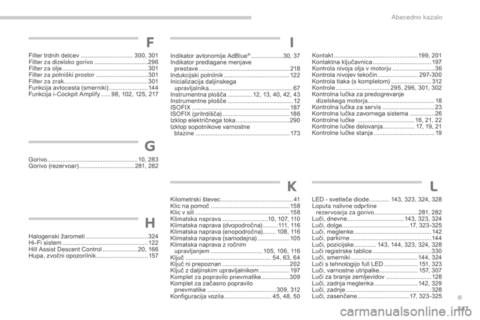 Peugeot 3008 Hybrid 4 2017  Priročnik za lastnika (in Slovenian) 347
3008-2_sl_Chap11_index-alpha_ed01-2016
Indikator avtonomije AdBlue® ...................3 0, 37
Indikator predlagane menjave   prestave
 ...............

....................................... 21