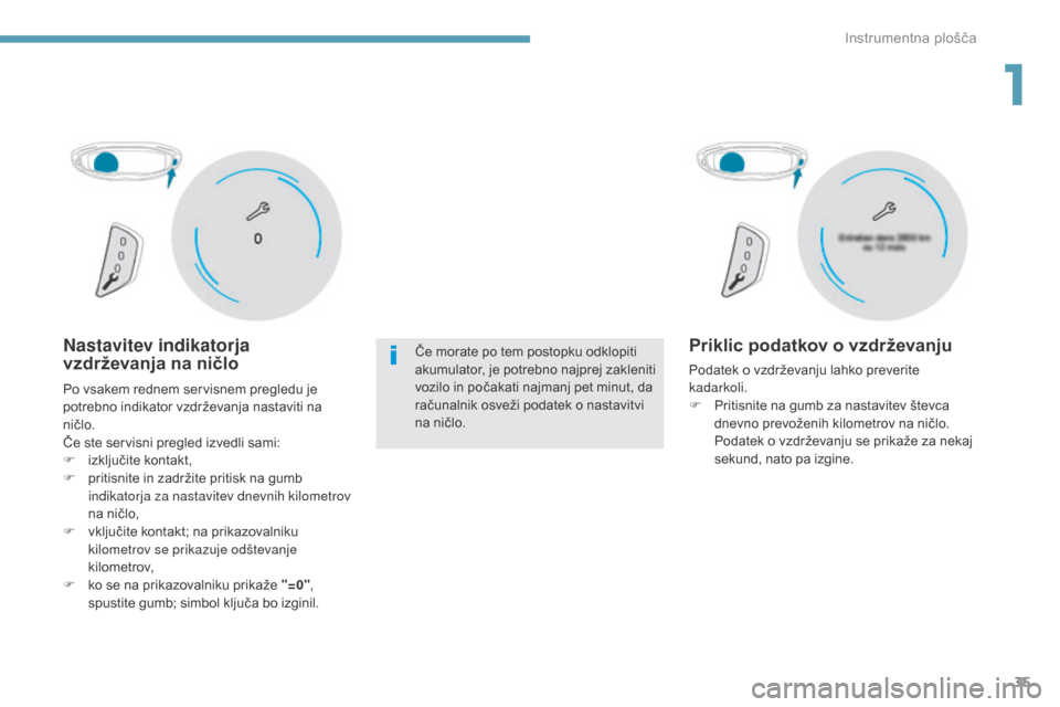 Peugeot 3008 Hybrid 4 2017  Priročnik za lastnika (in Slovenian) 35
3008-2_sl_Chap01_instruments-de-bord_ed01-2016
Nastavitev indikatorja 
vzdrževanja na ničloČe morate po tem postopku odklopiti 
akumulator, je potrebno najprej zakleniti 
vozilo in počakati naj