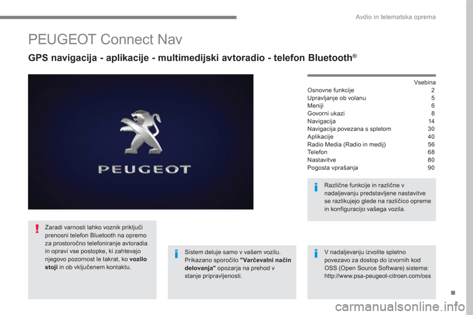 Peugeot 3008 Hybrid 4 2017 Priročnik za lastnika (in Slovenian) 1
.
Avdio in telematska oprema
PEUGEOT Connect Nav
GPS navigacija - aplikacije - multimedijski avtoradio - telefon Bluetooth ®
Vsebina
Osnovne funkcije 2
Upravljanje o Peugeot 3008 Hybrid 4 2017 Priročnik za lastnika (in Slovenian) 1
.
Avdio in telematska oprema
PEUGEOT Connect Nav
GPS navigacija - aplikacije - multimedijski avtoradio - telefon Bluetooth ®
Vsebina
Osnovne funkcije 2
Upravljanje o