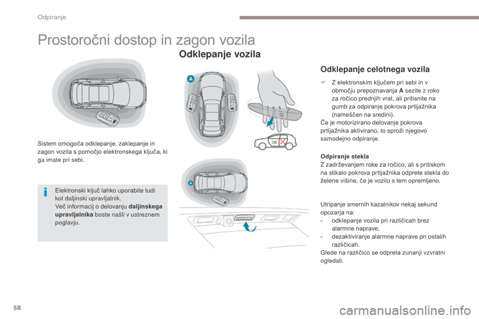 Peugeot 3008 Hybrid 4 2017  Priročnik za lastnika (in Slovenian) 58
3008-2_sl_Chap02_ouvertures_ed01-2016
Prostoročni dostop in zagon vozila
Sistem omogoča odklepanje, zaklepanje in 
zagon vozila s pomočjo elektronskega ključa, ki 
ga imate pri sebi.
Odklepanje