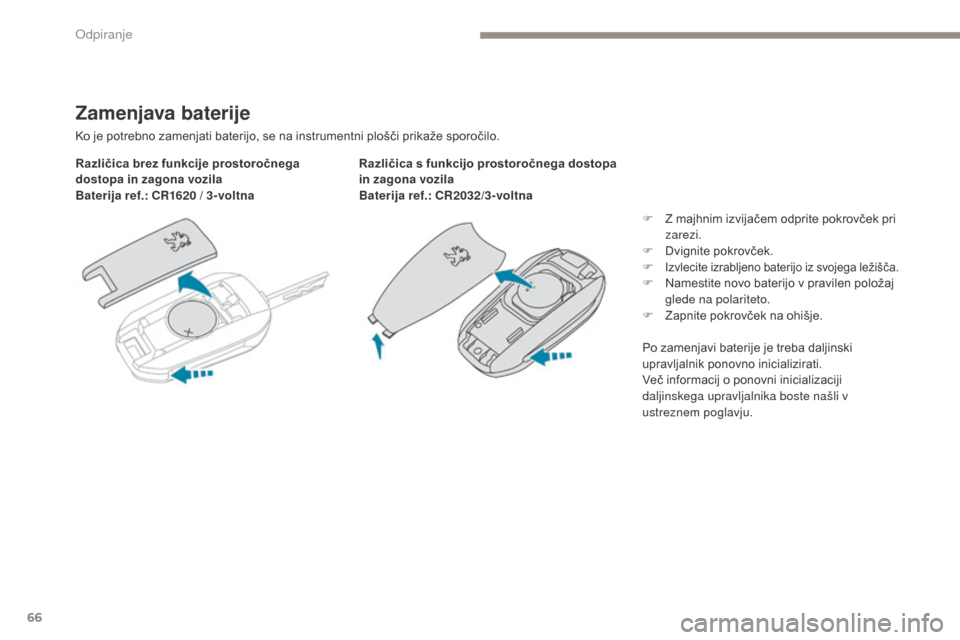 Peugeot 3008 Hybrid 4 2017  Priročnik za lastnika (in Slovenian) 66
3008-2_sl_Chap02_ouvertures_ed01-2016
Zamenjava baterije
Ko je potrebno zamenjati baterijo, se na instrumentni plošči prikaže sporočilo.
Različica brez funkcije prostoročnega 
dostopa in zago