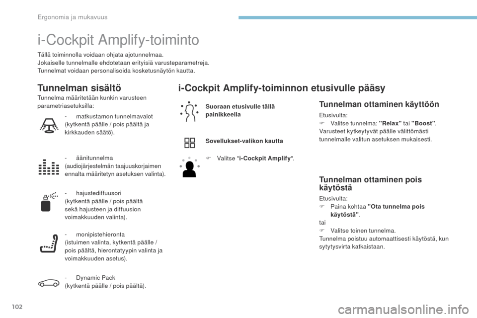 Peugeot 3008 Hybrid 4 2017  Omistajan käsikirja (in Finnish) 102
3008-2_fi_Chap03_ergonomie-et-confort_ed01-2016
i-Cockpit Amplify-toiminto
tällä toiminnolla voidaan ohjata ajotunnelmaa.
Jokaiselle tunnelmalle ehdotetaan erityisiä varusteparametreja.
tu
nnel
