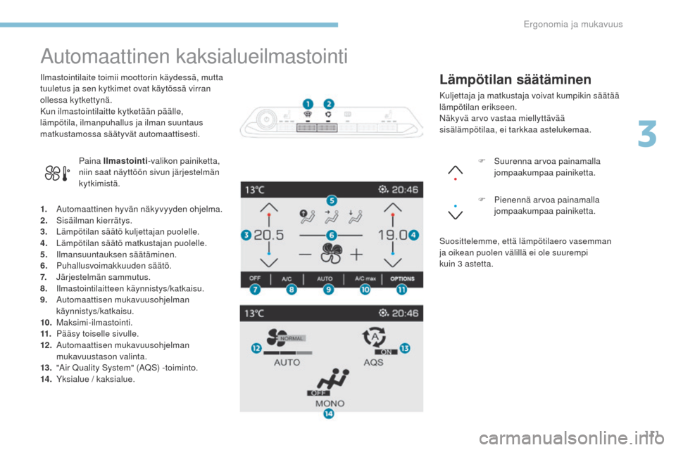 Peugeot 3008 Hybrid 4 2017  Omistajan käsikirja (in Finnish) 111
3008-2_fi_Chap03_ergonomie-et-confort_ed01-2016
Automaattinen kaksialueilmastointi
1. Automaattinen hyvän näkyvyyden ohjelma.
2. Sisäilman kierrätys.
3.
 L

ämpötilan säätö kuljettajan pu