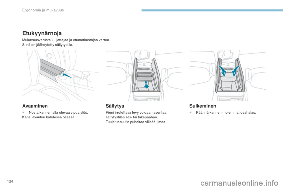 Peugeot 3008 Hybrid 4 2017  Omistajan käsikirja (in Finnish) 124
3008-2_fi_Chap03_ergonomie-et-confort_ed01-2016
Etukyynärnoja
Mukavuusvaruste kuljettajaa ja etumatkustajaa varten.
Siinä on jäähdytetty säilytystila.
Avaaminen
F Nosta kannen alla olevaa vip