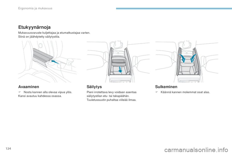 Peugeot 3008 Hybrid 4 2017 Omistajan käsikirja (in Finnish) 124
3008-2_fi_Chap03_ergonomie-et-confort_ed01-2016
Etukyynärnoja
Mukavuusvaruste kuljettajaa ja etumatkustajaa varten.
Siinä on jäähdytetty säilytystila.
Avaaminen
F Nosta kannen alla olevaa vip Peugeot 3008 Hybrid 4 2017 Omistajan käsikirja (in Finnish) 124
3008-2_fi_Chap03_ergonomie-et-confort_ed01-2016
Etukyynärnoja
Mukavuusvaruste kuljettajaa ja etumatkustajaa varten.
Siinä on jäähdytetty säilytystila.
Avaaminen
F Nosta kannen alla olevaa vip