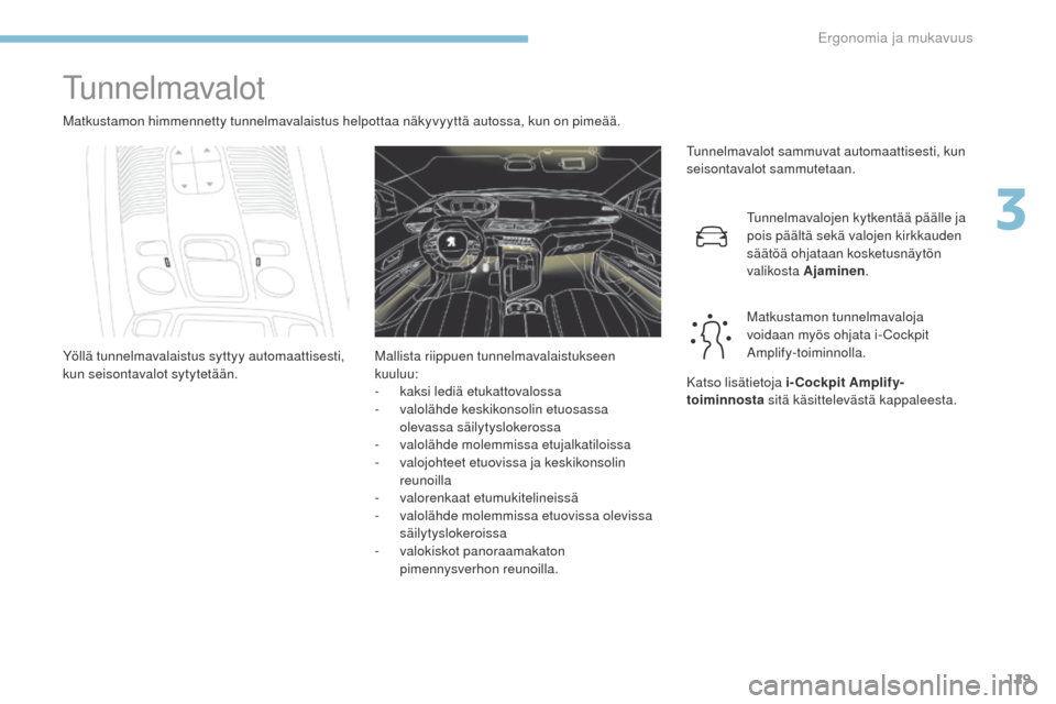 Peugeot 3008 Hybrid 4 2017  Omistajan käsikirja (in Finnish) 129
3008-2_fi_Chap03_ergonomie-et-confort_ed01-2016
tunnelmavalot
Matkustamon himmennetty tunnelmavalaistus helpottaa näkyvyyttä autossa, kun on pimeää.
tu
nnelmavalot sammuvat automaattisesti, ku