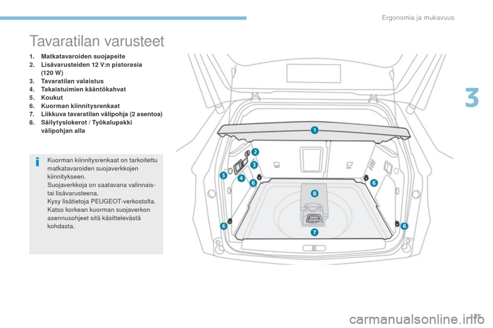 Peugeot 3008 Hybrid 4 2017 Omistajan käsikirja (in Finnish) 135
3008-2_fi_Chap03_ergonomie-et-confort_ed01-2016
tavaratilan varusteet
1. Matkatavaroiden suojapeite
2. Lisävarusteiden 12 V:n pistorasia
(120
W )
3.
T
avaratilan valaistus
4.
T
akaistuimi Peugeot 3008 Hybrid 4 2017 Omistajan käsikirja (in Finnish) 135
3008-2_fi_Chap03_ergonomie-et-confort_ed01-2016
tavaratilan varusteet
1. Matkatavaroiden suojapeite
2. Lisävarusteiden 12 V:n pistorasia
(120
W )
3.
T
avaratilan valaistus
4.
T
akaistuimi