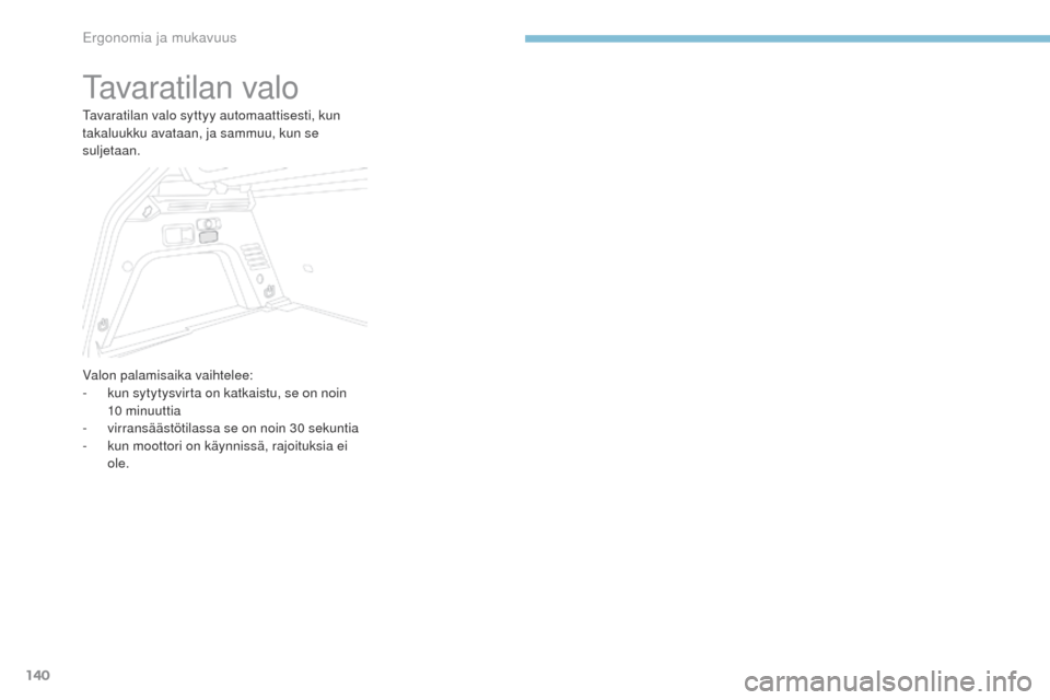 Peugeot 3008 Hybrid 4 2017 Omistajan käsikirja (in Finnish) 140
3008-2_fi_Chap03_ergonomie-et-confort_ed01-2016
tavaratilan valo
tavaratilan valo syttyy automaattisesti, kun
takaluukku avataan, ja sammuu, kun se
suljetaan.
Valon palamisaika vaihtelee:
-
k
Peugeot 3008 Hybrid 4 2017 Omistajan käsikirja (in Finnish) 140
3008-2_fi_Chap03_ergonomie-et-confort_ed01-2016
tavaratilan valo
tavaratilan valo syttyy automaattisesti, kun
takaluukku avataan, ja sammuu, kun se
suljetaan.
Valon palamisaika vaihtelee:
-
k
