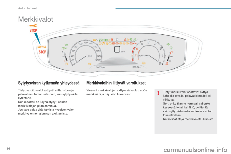 Peugeot 3008 Hybrid 4 2017  Omistajan käsikirja (in Finnish) 16
3008-2_fi_Chap01_instruments-de-bord_ed01-2016
Merkkivalot
Sytytysvirran kytkennän yhteydessä
tietyt varoitusvalot syttyvät mittaristoon ja 
palavat muutaman sekunnin, kun sytytysvirta 
kytketä