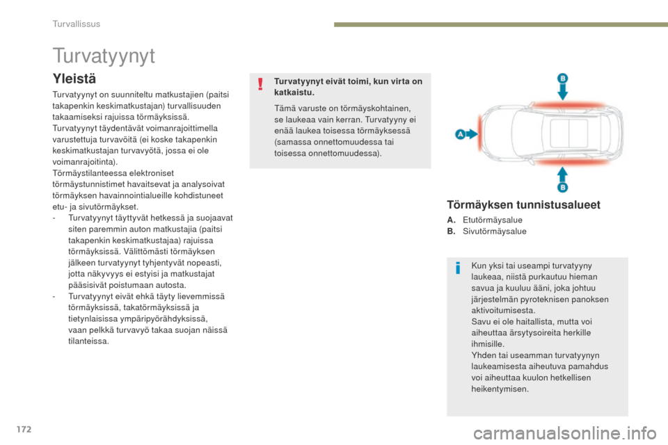 Peugeot 3008 Hybrid 4 2017 Omistajan käsikirja (in Finnish) 172
3008-2_fi_Chap05_securite_ed01-2016
turvatyynyt
Yleistä
turvatyynyt on suunniteltu matkustajien (paitsi
takapenkin keskimatkustajan) turvallisuuden
takaamiseksi rajuissa törmäyksissä.
tu
rv Peugeot 3008 Hybrid 4 2017 Omistajan käsikirja (in Finnish) 172
3008-2_fi_Chap05_securite_ed01-2016
turvatyynyt
Yleistä
turvatyynyt on suunniteltu matkustajien (paitsi
takapenkin keskimatkustajan) turvallisuuden
takaamiseksi rajuissa törmäyksissä.
tu
rv
