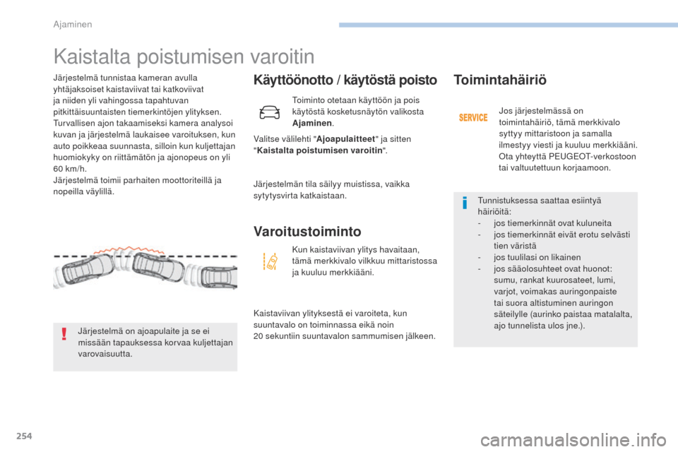 Peugeot 3008 Hybrid 4 2017 Omistajan käsikirja (in Finnish) 254
3008-2_fi_Chap06_conduite_ed01-2016
Kaistalta poistumisen varoitin
Käyttöönotto / käytöstä poisto
Valitse välilehti "Ajoapulaitteet" ja sitten
" Kaistalta poistumisen varoitin ".
Järjeste Peugeot 3008 Hybrid 4 2017 Omistajan käsikirja (in Finnish) 254
3008-2_fi_Chap06_conduite_ed01-2016
Kaistalta poistumisen varoitin
Käyttöönotto / käytöstä poisto
Valitse välilehti "Ajoapulaitteet" ja sitten
" Kaistalta poistumisen varoitin ".
Järjeste