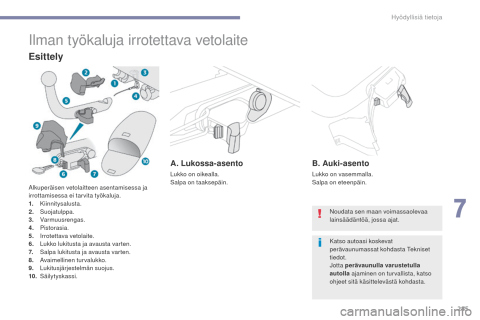 Peugeot 3008 Hybrid 4 2017 Omistajan käsikirja (in Finnish) 285
3008-2_fi_Chap07_infos-pratiques_ed01-2016
Ilman työkaluja irrotettava vetolaite
Esittely
A. Lukossa-asento
Lukko on oikealla.
Salpa on taaksepäin.
B. Auki-asento
Lukko on vasemmalla.
Salpa on e Peugeot 3008 Hybrid 4 2017 Omistajan käsikirja (in Finnish) 285
3008-2_fi_Chap07_infos-pratiques_ed01-2016
Ilman työkaluja irrotettava vetolaite
Esittely
A. Lukossa-asento
Lukko on oikealla.
Salpa on taaksepäin.
B. Auki-asento
Lukko on vasemmalla.
Salpa on e
