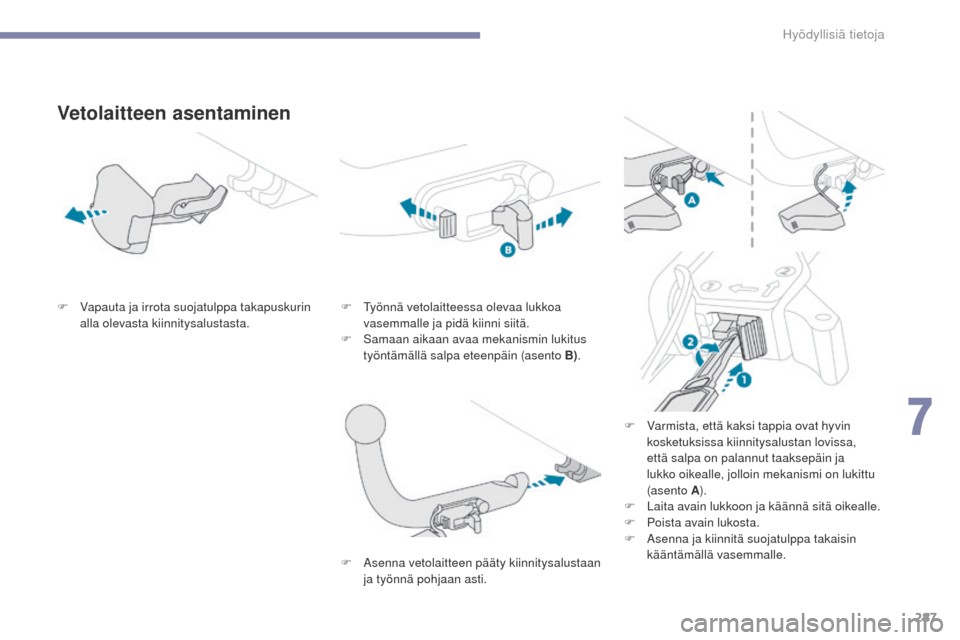 Peugeot 3008 Hybrid 4 2017 Omistajan käsikirja (in Finnish) 287
3008-2_fi_Chap07_infos-pratiques_ed01-2016
Vetolaitteen asentaminen
F Vapauta ja irrota suojatulppa takapuskurin alla olevasta kiinnitysalustasta. F
ty önnä vetolaitteessa olevaa lukkoa
vasem Peugeot 3008 Hybrid 4 2017 Omistajan käsikirja (in Finnish) 287
3008-2_fi_Chap07_infos-pratiques_ed01-2016
Vetolaitteen asentaminen
F Vapauta ja irrota suojatulppa takapuskurin alla olevasta kiinnitysalustasta. F
ty önnä vetolaitteessa olevaa lukkoa
vasem