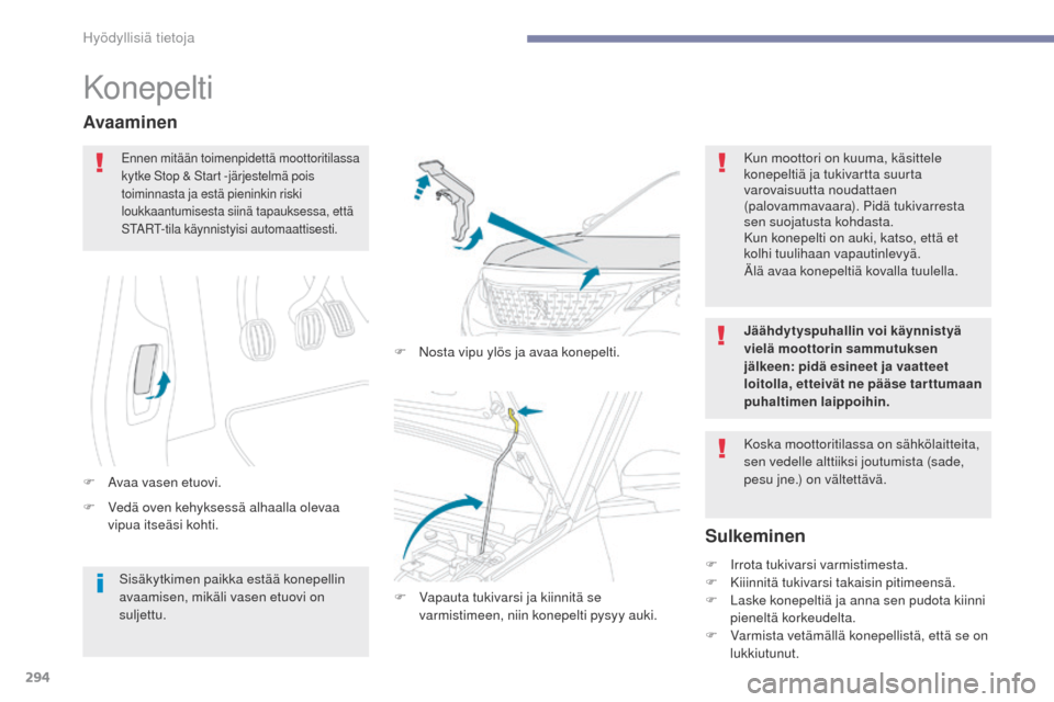 Peugeot 3008 Hybrid 4 2017 Omistajan käsikirja (in Finnish) 294
3008-2_fi_Chap07_infos-pratiques_ed01-2016
Konepelti
F Vedä oven kehyksessä alhaalla olevaa vipua itseäsi kohti.
Avaaminen
F Avaa vasen etuovi. F
N
osta vipu ylös ja avaa konepelti.
Sulkemi Peugeot 3008 Hybrid 4 2017 Omistajan käsikirja (in Finnish) 294
3008-2_fi_Chap07_infos-pratiques_ed01-2016
Konepelti
F Vedä oven kehyksessä alhaalla olevaa vipua itseäsi kohti.
Avaaminen
F Avaa vasen etuovi. F
N
osta vipu ylös ja avaa konepelti.
Sulkemi