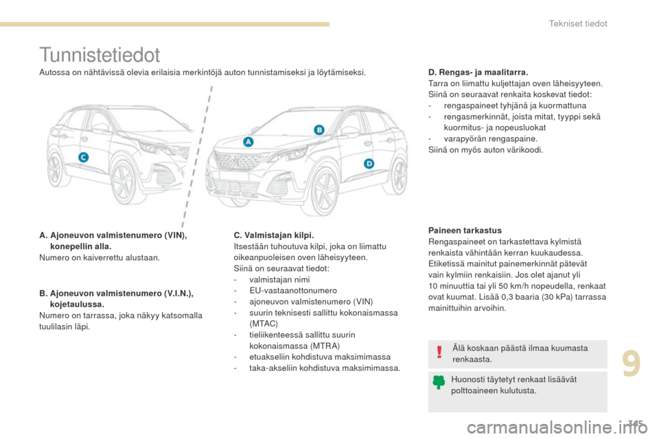 Peugeot 3008 Hybrid 4 2017 Omistajan käsikirja (in Finnish) 345
3008-2_fi_Chap09_caracteristiques_ed01-2016
tunnistetiedot
A. Ajoneuvon valmistenumero (VIN), konepellin alla.
Numero on kaiverrettu alustaan. D. Rengas- ja maalitarra.
ta
rra on liimattu kuljet Peugeot 3008 Hybrid 4 2017 Omistajan käsikirja (in Finnish) 345
3008-2_fi_Chap09_caracteristiques_ed01-2016
tunnistetiedot
A. Ajoneuvon valmistenumero (VIN), konepellin alla.
Numero on kaiverrettu alustaan. D. Rengas- ja maalitarra.
ta
rra on liimattu kuljet