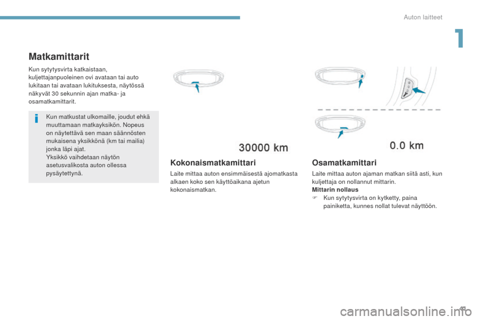 Peugeot 3008 Hybrid 4 2017  Omistajan käsikirja (in Finnish) 41
3008-2_fi_Chap01_instruments-de-bord_ed01-2016
Matkamittarit
Kun matkustat ulkomaille, joudut ehkä 
muuttamaan matkayksikön. Nopeus 
on näytettävä sen maan säännösten 
mukaisena yksikkönä