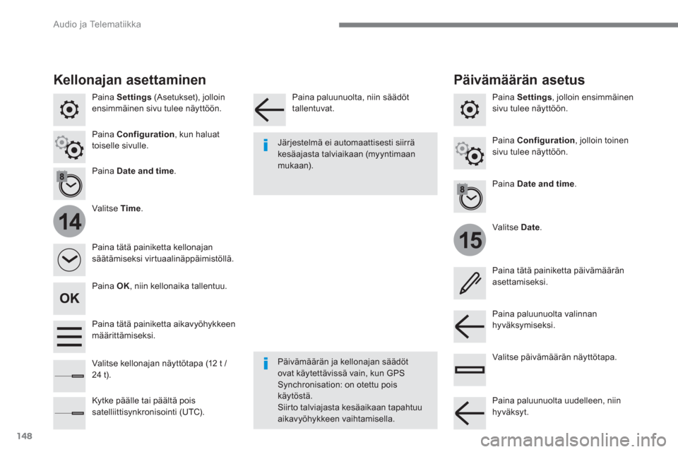 Peugeot 3008 Hybrid 4 2017  Omistajan käsikirja (in Finnish) 148
15
14
  Audio ja Telematiikka 
 
 
Paina  Settings 
 (Asetukset), jolloin 
ensimmäinen sivu tulee näyttöön.  
   
Valitse  Date 
.  
 
     
Valitse  Time 
.  
 
     
Paina  Date and time 
. 