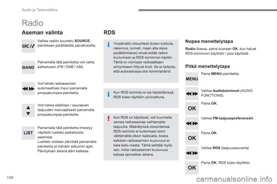 Peugeot 3008 Hybrid 4 2017  Omistajan käsikirja (in Finnish) 158
  Audio ja Telematiikka 
 
 
 
 
 
 
 
RDS 
 
 
Nopea menettelytapa  
   
Pitkä menettelytapa   
 
Ympäristön olosuhteet (kuten kukkula, 
rakennus, tunneli, maan alla oleva 
pysäköintialue) v