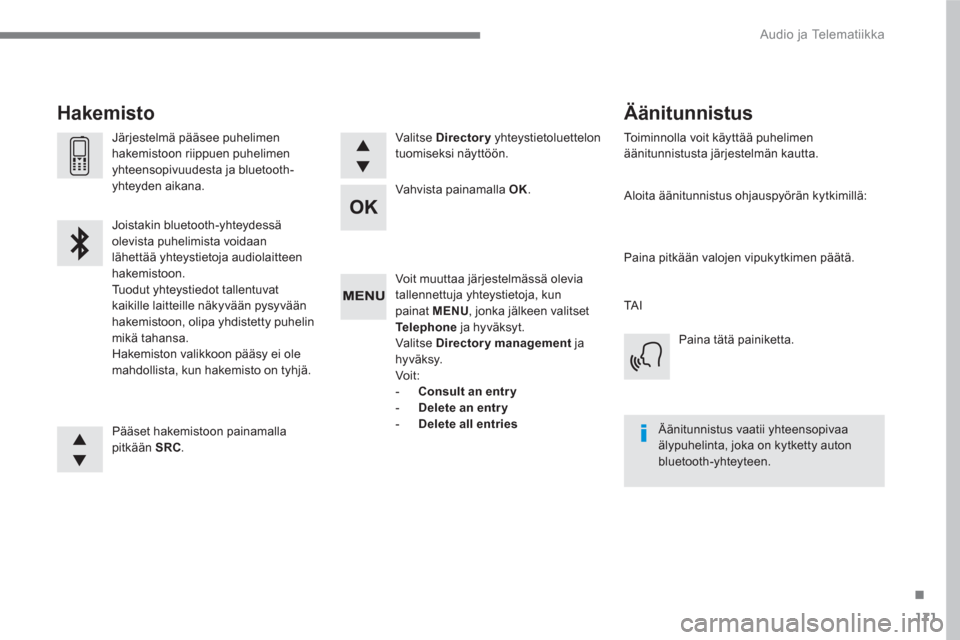 Peugeot 3008 Hybrid 4 2017  Omistajan käsikirja (in Finnish) 171
.
  Audio ja Telematiikka 
 
 
Voit muuttaa järjestelmässä olevia 
tallennettuja yhteystietoja, kun 
painat  MENU 
, jonka jälkeen valitset 
  Te l e p h o n e 
 ja hyväksyt. 
  Valitse  Dire