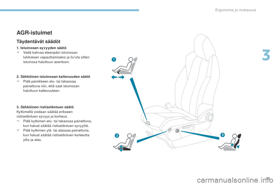 Peugeot 3008 Hybrid 4 2017 Omistajan käsikirja (in Finnish) 91
3008-2_fi_Chap03_ergonomie-et-confort_ed01-2016
AGR-istuimet
Täydentävät säädöt
1. Istuinosan syvyyden säätö
F V edä kahvaa eteenpäin istuinosan
lukituksen vapauttamiseksi ja liuuta si Peugeot 3008 Hybrid 4 2017 Omistajan käsikirja (in Finnish) 91
3008-2_fi_Chap03_ergonomie-et-confort_ed01-2016
AGR-istuimet
Täydentävät säädöt
1. Istuinosan syvyyden säätö
F V edä kahvaa eteenpäin istuinosan
lukituksen vapauttamiseksi ja liuuta si