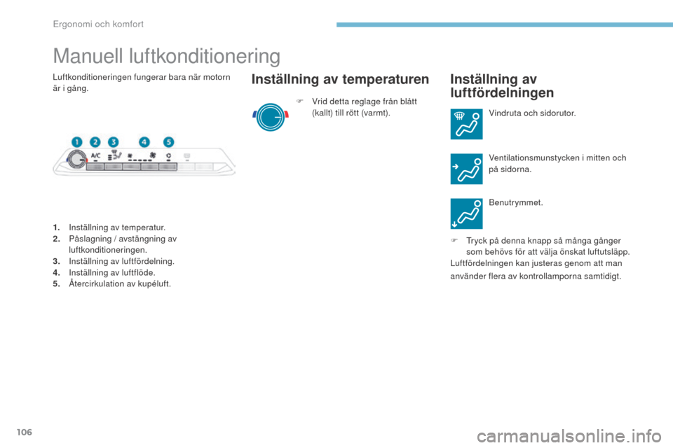 Peugeot 3008 Hybrid 4 2017  Ägarmanual (in Swedish) 106
3008-2_sv_Chap03_ergonomie-et-confort_ed01-2016
Manuell luftkonditionering
F Vrid detta reglage från blått (kallt) till rött (varmt).
Inställning av temperaturen Inställning av 
luftfördelni