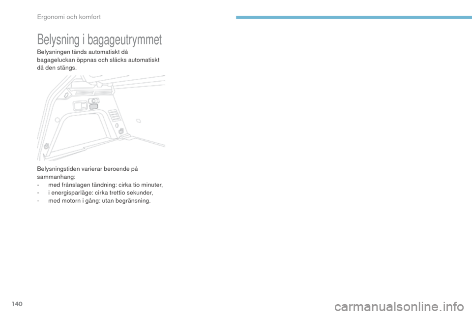 Peugeot 3008 Hybrid 4 2017 Ägarmanual (in Swedish) 140
3008-2_sv_Chap03_ergonomie-et-confort_ed01-2016
Belysning i bagageutrymmet
Belysningen tänds automatiskt då
bagageluckan öppnas och släcks automatiskt
då den stängs.
Belysningstiden varier Peugeot 3008 Hybrid 4 2017 Ägarmanual (in Swedish) 140
3008-2_sv_Chap03_ergonomie-et-confort_ed01-2016
Belysning i bagageutrymmet
Belysningen tänds automatiskt då
bagageluckan öppnas och släcks automatiskt
då den stängs.
Belysningstiden varier
