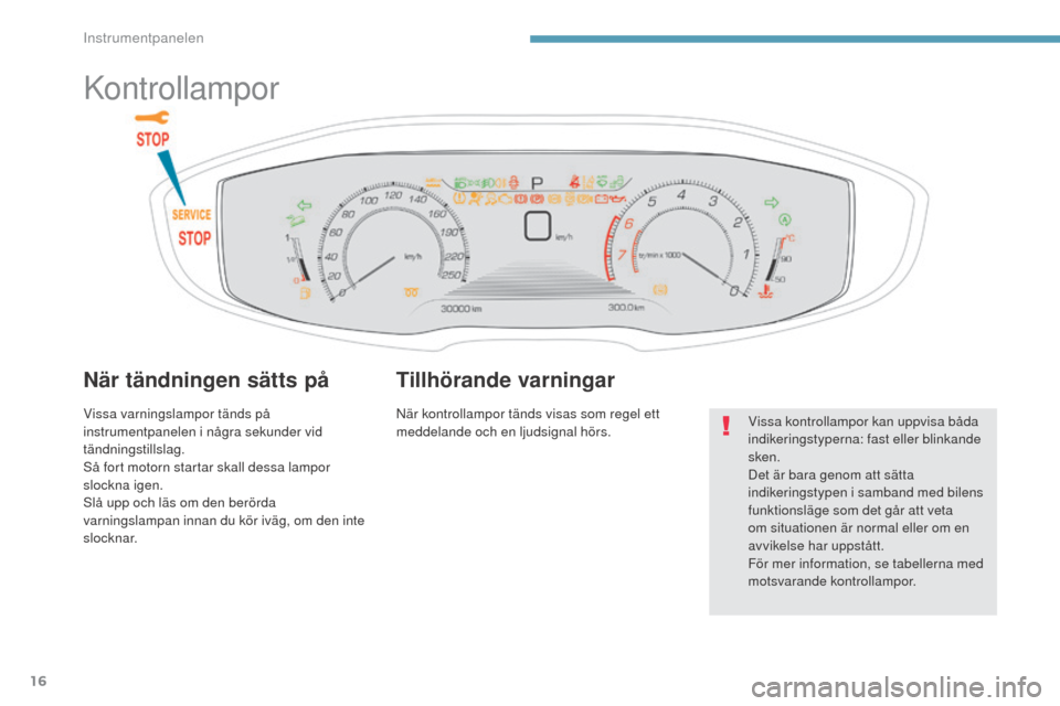 Peugeot 3008 Hybrid 4 2017  Ägarmanual (in Swedish) 16
3008-2_sv_Chap01_instruments-de-bord_ed01-2016
Kontrollampor
När tändningen sätts på
Vissa varningslampor tänds på 
instrumentpanelen i några sekunder vid 
tändningstillslag.
Så fort motor
