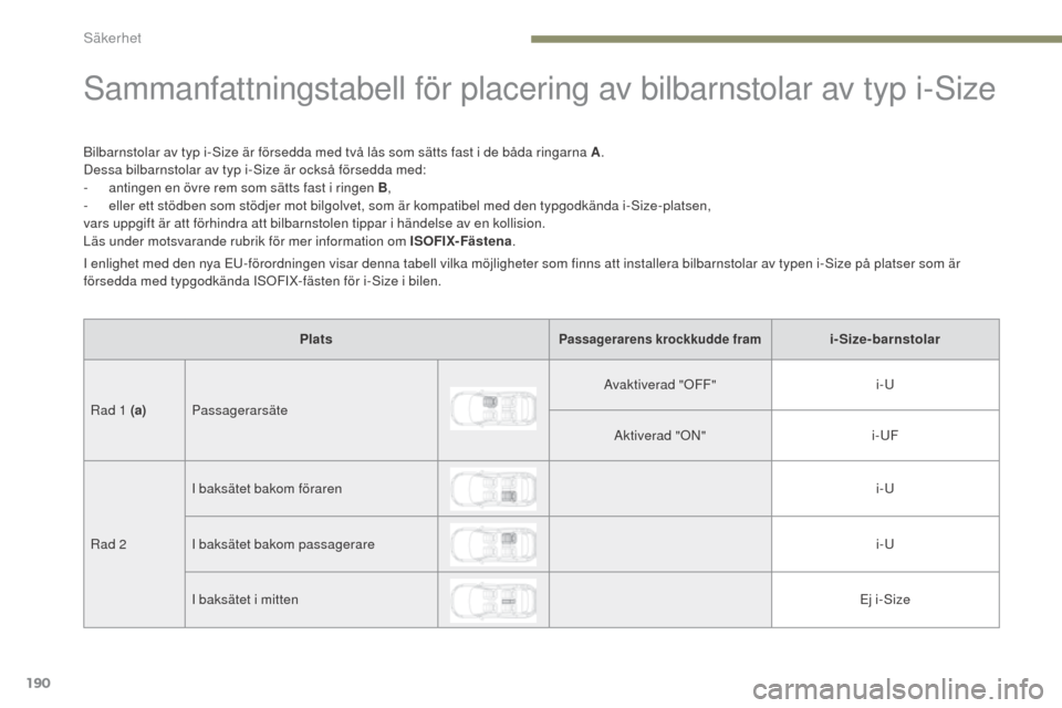 Peugeot 3008 Hybrid 4 2017 Ägarmanual (in Swedish) 190
3008-2_sv_Chap05_securite_ed01-2016
Sammanfattningstabell för placering av bilbarnstolar av typ i-Size
Bilbarnstolar av typ i-Size är försedda med två lås som sätts fast i de båda ringarna Peugeot 3008 Hybrid 4 2017 Ägarmanual (in Swedish) 190
3008-2_sv_Chap05_securite_ed01-2016
Sammanfattningstabell för placering av bilbarnstolar av typ i-Size
Bilbarnstolar av typ i-Size är försedda med två lås som sätts fast i de båda ringarna