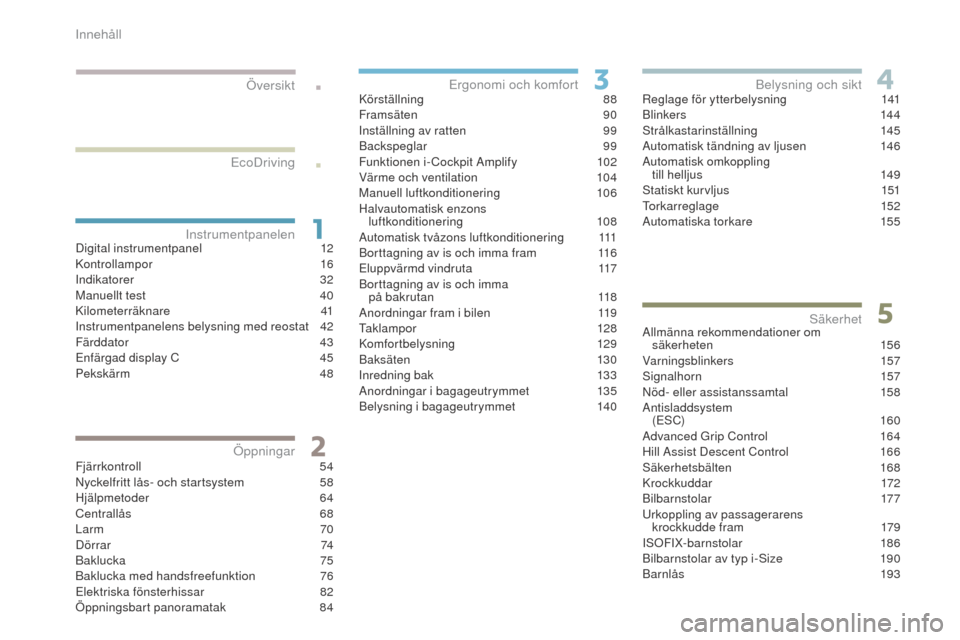 Peugeot 3008 Hybrid 4 2017  Ägarmanual (in Swedish) .
.
3008-2_sv_Chap00a_sommaire_ed01-2016
Digital instrumentpanel 12
Kontrollampor 1 6
Indikatorer
 32
M

anuellt test  
4
 0
Kilometerräknare
 

41
Instrumentpanelens belysning med reostat
 4

2
Fär