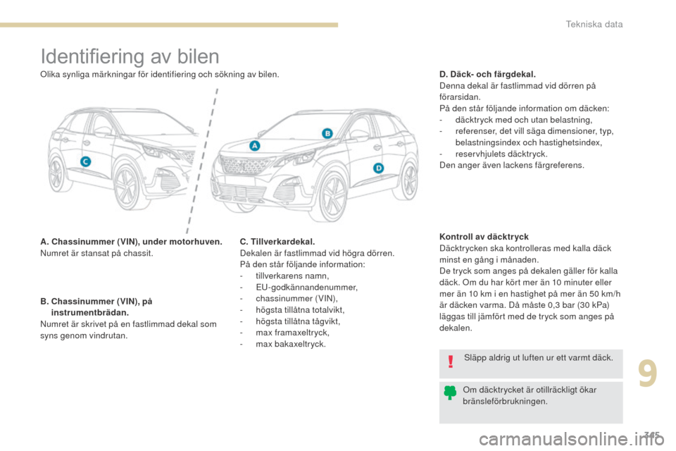 Peugeot 3008 Hybrid 4 2017 Ägarmanual (in Swedish) 345
3008-2_sv_Chap09_caracteristiques_ed01-2016
Identifiering av bilen
A. Chassinummer (VIN), under motorhuven.
Numret är stansat på chassit.D. Däck- och färgdekal.
Denna dekal är fastlimmad vid Peugeot 3008 Hybrid 4 2017 Ägarmanual (in Swedish) 345
3008-2_sv_Chap09_caracteristiques_ed01-2016
Identifiering av bilen
A. Chassinummer (VIN), under motorhuven.
Numret är stansat på chassit.D. Däck- och färgdekal.
Denna dekal är fastlimmad vid