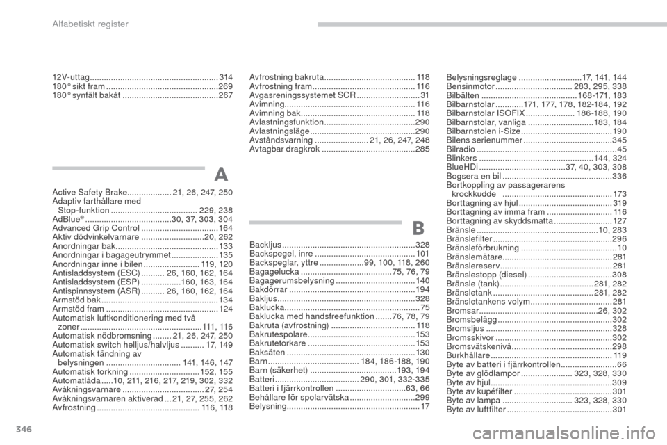 Peugeot 3008 Hybrid 4 2017  Ägarmanual (in Swedish) 346
3008-2_sv_Chap11_index-alpha_ed01-2016
12V- ut t ag ....................................................... 314
180° sikt fram   ................................................ 269
180° synfäl