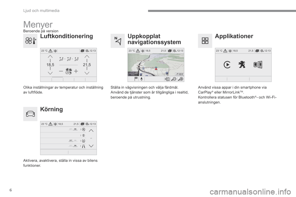 Peugeot 3008 Hybrid 4 2017  Ägarmanual (in Swedish) 6
12:13
18,5 21,5
23 °C
21,518,5
12:1323 °C12:13
18,5 21,5
23 °C
12:13
18,5 21,5
23 °C
 Ljud och multimedia 
Transversal-Peugeot_sv_Chap01_NAC-2-2-0_ed01-2016
  Uppkopplat 
navigationssystem 
  K�