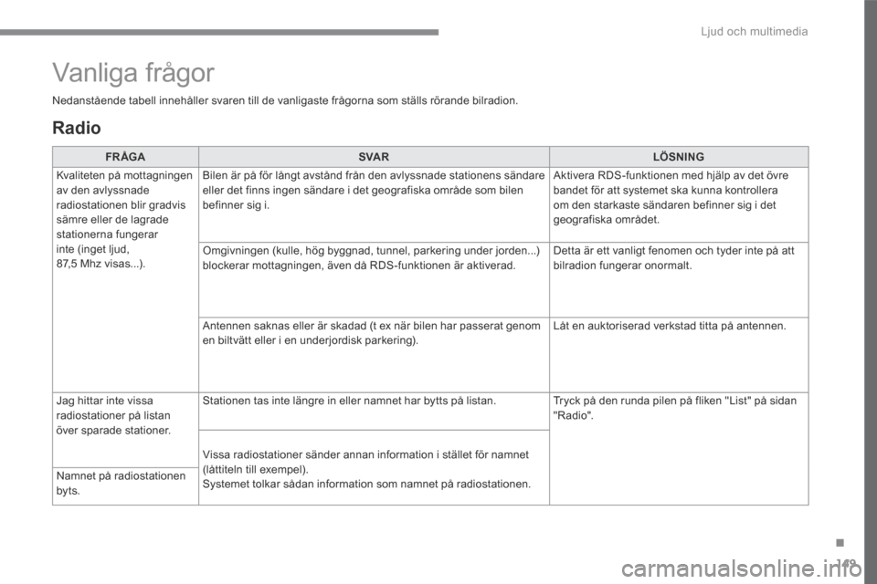 Peugeot 3008 Hybrid 4 2017  Ägarmanual (in Swedish) 149
.
 Ljud och multimedia 
Transversal-Peugeot_sv_Chap02_RCC-2-2-0_ed01-2016
  Radio  
FR ÅGASVA RLÖSNING
 Kvaliteten på mottagningen av den avlyssnade radiostationen blir gradvis sämre eller de 
