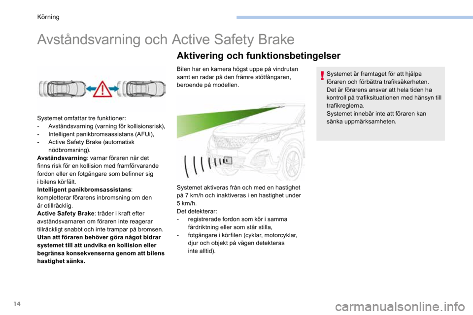 Peugeot 3008 Hybrid 4 2017  Ägarmanual (in Swedish) 14
Avståndsvarning och Active Safety Brake
Systemet omfattar tre funktioner:
-  Avståndsvarning (varning för kollisionsrisk),
-   Intelligent panikbromsassistans (AFUi),
-  Active Safety Brake (aut