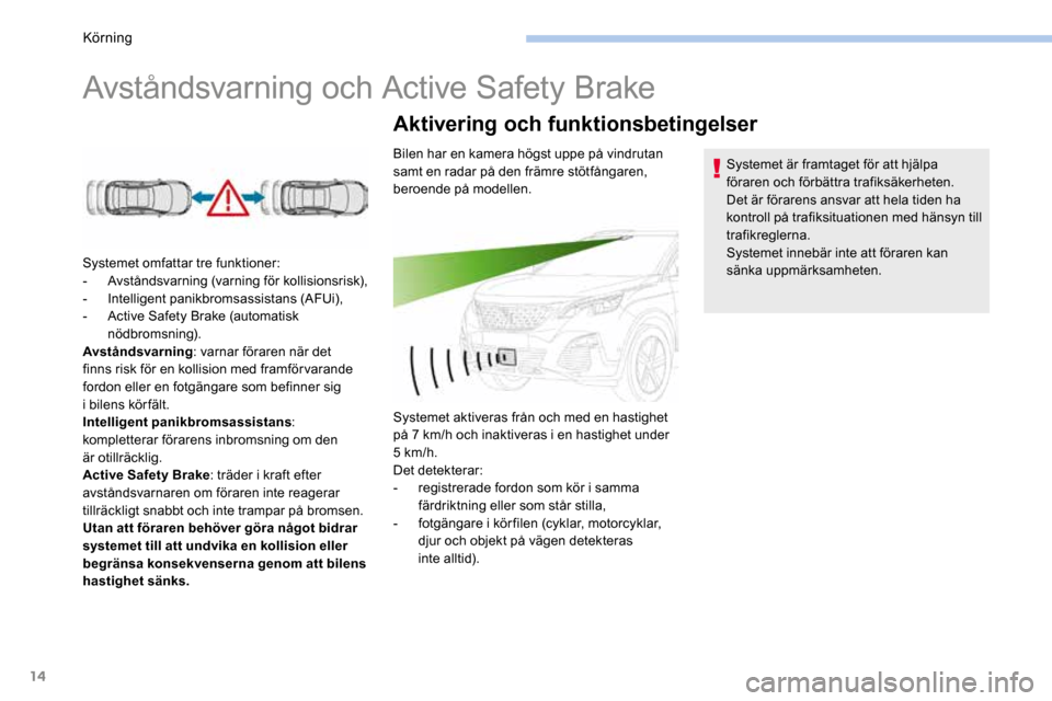 Peugeot 3008 Hybrid 4 2017 Ägarmanual (in Swedish) 14
Avståndsvarning och Active Safety Brake
Systemet omfattar tre funktioner:
- Avståndsvarning (varning för kollisionsrisk),
- Intelligent panikbromsassistans (AFUi),
- Active Safety Brake (aut Peugeot 3008 Hybrid 4 2017 Ägarmanual (in Swedish) 14
Avståndsvarning och Active Safety Brake
Systemet omfattar tre funktioner:
- Avståndsvarning (varning för kollisionsrisk),
- Intelligent panikbromsassistans (AFUi),
- Active Safety Brake (aut