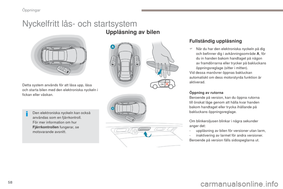 Peugeot 3008 Hybrid 4 2017 Ägarmanual (in Swedish) 58
3008-2_sv_Chap02_ouvertures_ed01-2016
Nyckelfritt lås- och startsystem
Detta system används för att låsa upp, låsa
och starta bilen med den elektroniska nyckeln i
fickan eller väskan.
Uppl Peugeot 3008 Hybrid 4 2017 Ägarmanual (in Swedish) 58
3008-2_sv_Chap02_ouvertures_ed01-2016
Nyckelfritt lås- och startsystem
Detta system används för att låsa upp, låsa
och starta bilen med den elektroniska nyckeln i
fickan eller väskan.
Uppl