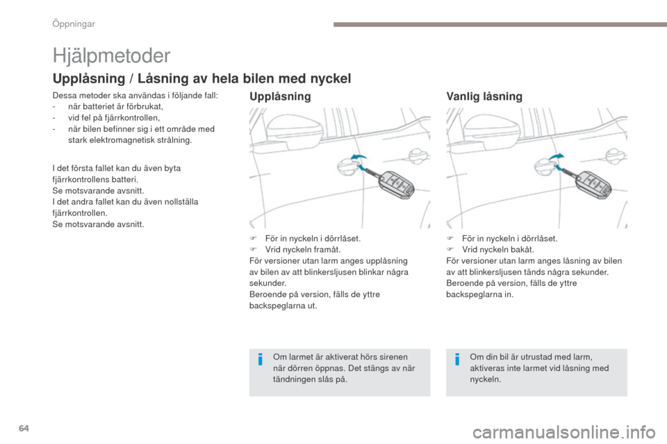 Peugeot 3008 Hybrid 4 2017  Ägarmanual (in Swedish) 64
3008-2_sv_Chap02_ouvertures_ed01-2016
Hjälpmetoder
Dessa metoder ska användas i följande fall:
- n är batteriet är förbrukat,
-
 
v
 id fel på fjärrkontrollen,
-
 
n
 är bilen befinner sig