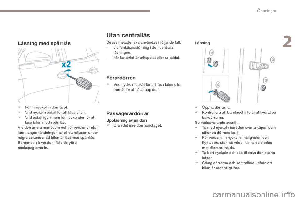 Peugeot 3008 Hybrid 4 2017  Ägarmanual (in Swedish) 65
3008-2_sv_Chap02_ouvertures_ed01-2016
Låsning med spärrlås
Utan centrallås
Dessa metoder ska användas i följande fall:
- v id funktionsstörning i den centrala 
låsningen,
-
 
n
 är batteri