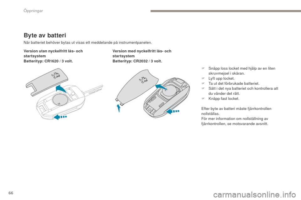 Peugeot 3008 Hybrid 4 2017  Ägarmanual (in Swedish) 66
3008-2_sv_Chap02_ouvertures_ed01-2016
Byte av batteri
När batteriet behöver bytas ut visas ett meddelande på instrumentpanelen.
Version utan nyckelfritt lås- och 
startsystem
Batterityp: CR1620