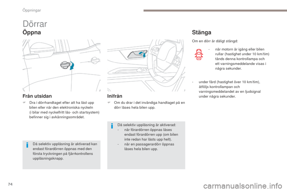 Peugeot 3008 Hybrid 4 2017  Ägarmanual (in Swedish) 74
3008-2_sv_Chap02_ouvertures_ed01-2016
Dörrar
Öppna
Från utsidan
F Dra i dörrhandtaget efter att ha låst upp bilen eller när den elektroniska nyckeln 
(i
  bilar med nyckelfritt lås- och star
