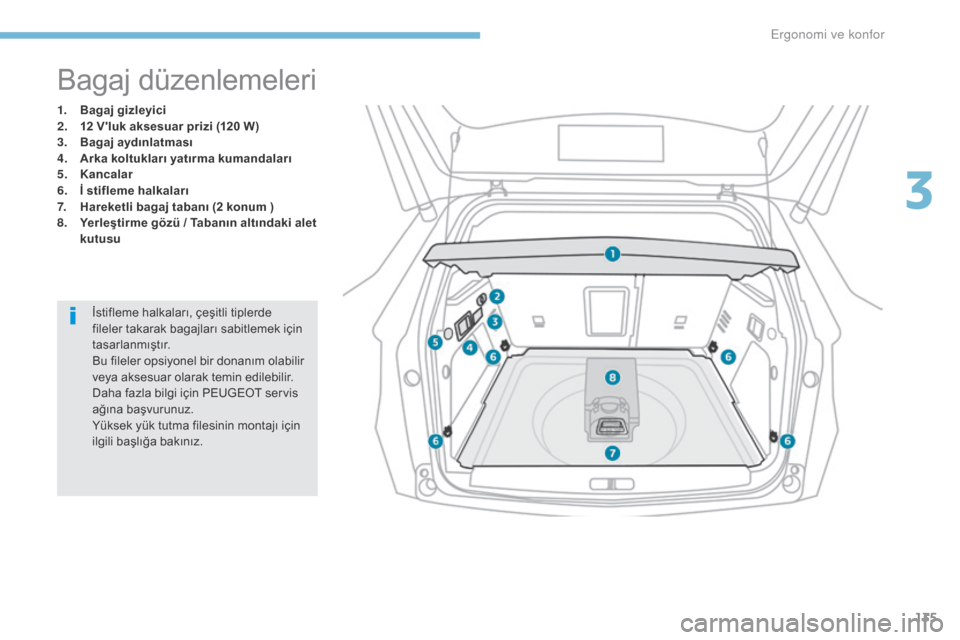 Peugeot 3008 Hybrid 4 2017 Kullanım Kılavuzu (in Turkish) 135
3008-2_tr_Chap03_ergonomie-et-confort_ed01-2016
Bagaj düzenlemeleri
1. Bagaj gizleyici
2. 12 Vluk aksesuar prizi (120 W)
3.
B
agaj aydınlatması
4.
A
rka koltukları yatırma kumandaları
5 Peugeot 3008 Hybrid 4 2017 Kullanım Kılavuzu (in Turkish) 135
3008-2_tr_Chap03_ergonomie-et-confort_ed01-2016
Bagaj düzenlemeleri
1. Bagaj gizleyici
2. 12 Vluk aksesuar prizi (120 W)
3.
B
agaj aydınlatması
4.
A
rka koltukları yatırma kumandaları
5