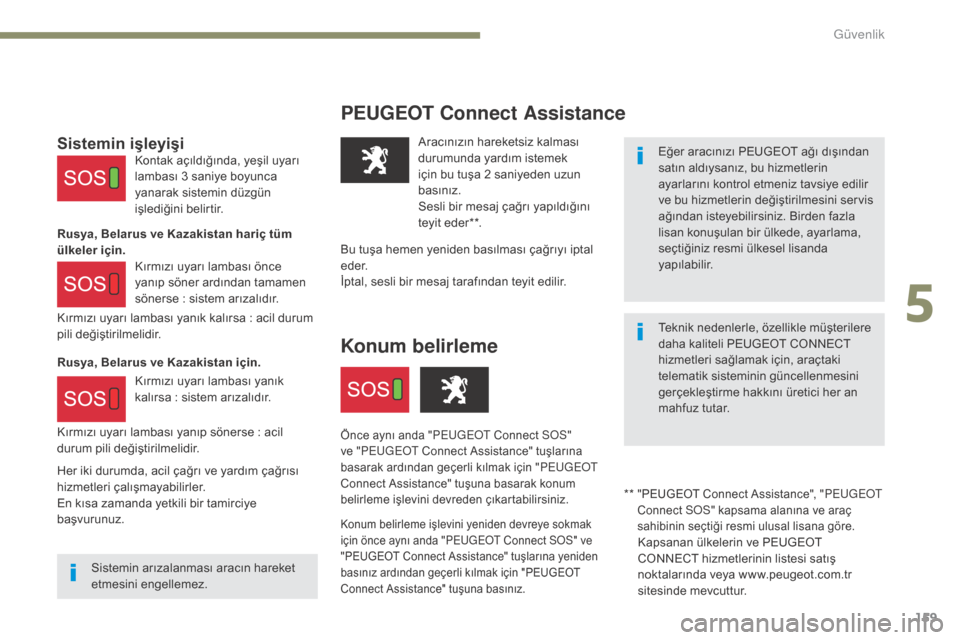 Peugeot 3008 Hybrid 4 2017  Kullanım Kılavuzu (in Turkish) 159
3008-2_tr_Chap05_securite_ed01-2016
PEUGEOT Connect As sistance
Eğer aracınızı PEUGEOT ağı dışından 
satın aldıysanız, bu hizmetlerin 
ayarlarını kontrol etmeniz tavsiye edilir 
ve b