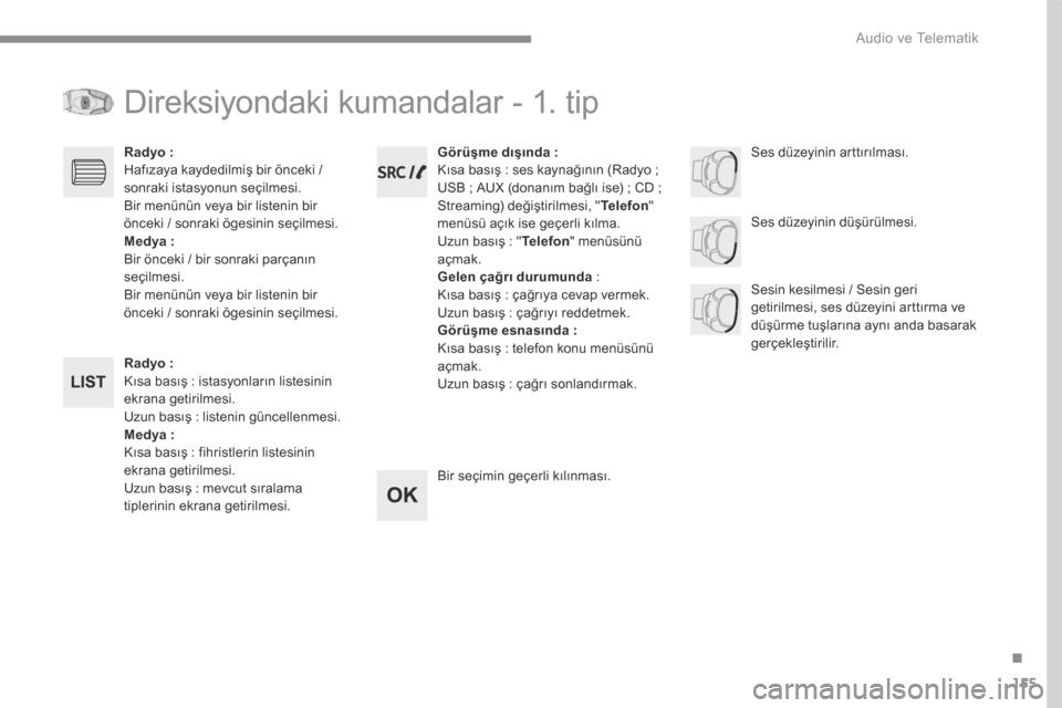 Peugeot 3008 Hybrid 4 2017 Kullanım Kılavuzu (in Turkish) 155
.
Audio ve Telematik
Transversal-Peugeot_tr_Chap03_RD6_ed01-2016
Direksiyondaki kumandalar - 1. tip
Radyo: Kısa basış : istasyonların listesinin ekrana getirilmesi. Uzun basış : listeni Peugeot 3008 Hybrid 4 2017 Kullanım Kılavuzu (in Turkish) 155
.
Audio ve Telematik
Transversal-Peugeot_tr_Chap03_RD6_ed01-2016
Direksiyondaki kumandalar - 1. tip
Radyo: Kısa basış : istasyonların listesinin ekrana getirilmesi. Uzun basış : listeni