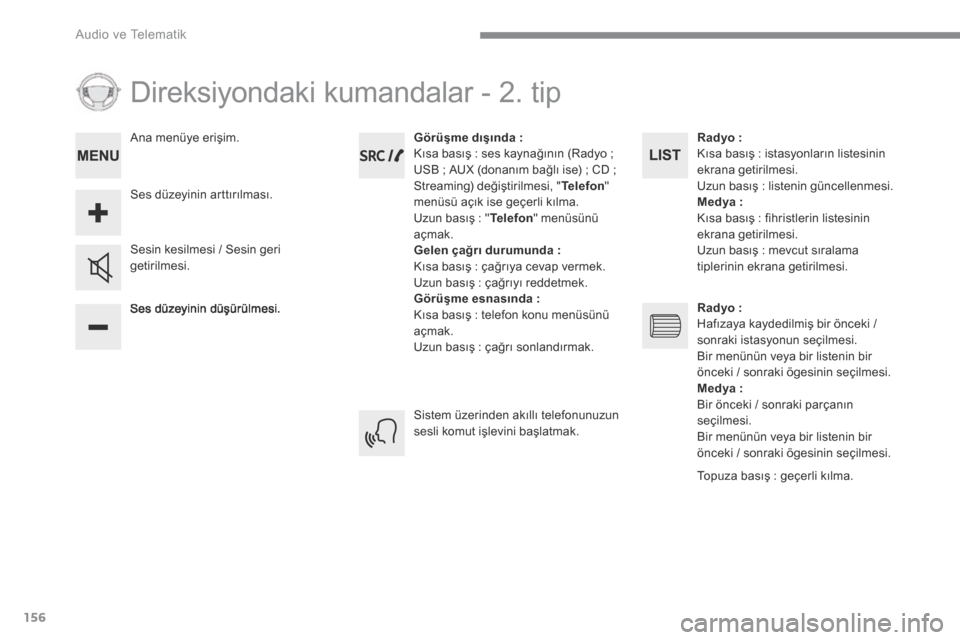 Peugeot 3008 Hybrid 4 2017  Kullanım Kılavuzu (in Turkish) 156
 Audio ve Telematik 
 Direksiyondaki kumandalar - 2. tip 
  Ses düzeyinin düşürülmesi.  
  Sesin kesilmesi / Sesin geri getirilmesi.  
Görüşme dışında : Kısa basış : ses kaynağını