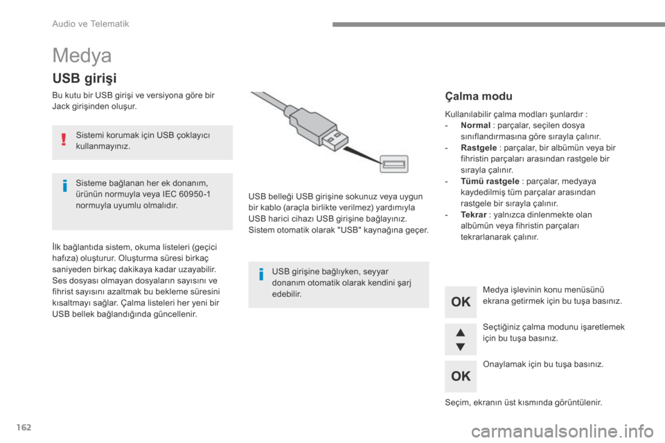 Peugeot 3008 Hybrid 4 2017  Kullanım Kılavuzu (in Turkish) 162
 Audio ve Telematik 
 Medya 
        U S B   g i r i ş i  
  Bu kutu bir USB girişi ve versiyona göre bir Jack girişinden oluşur.  
  USB belleği USB girişine sokunuz veya uygun bir kablo (